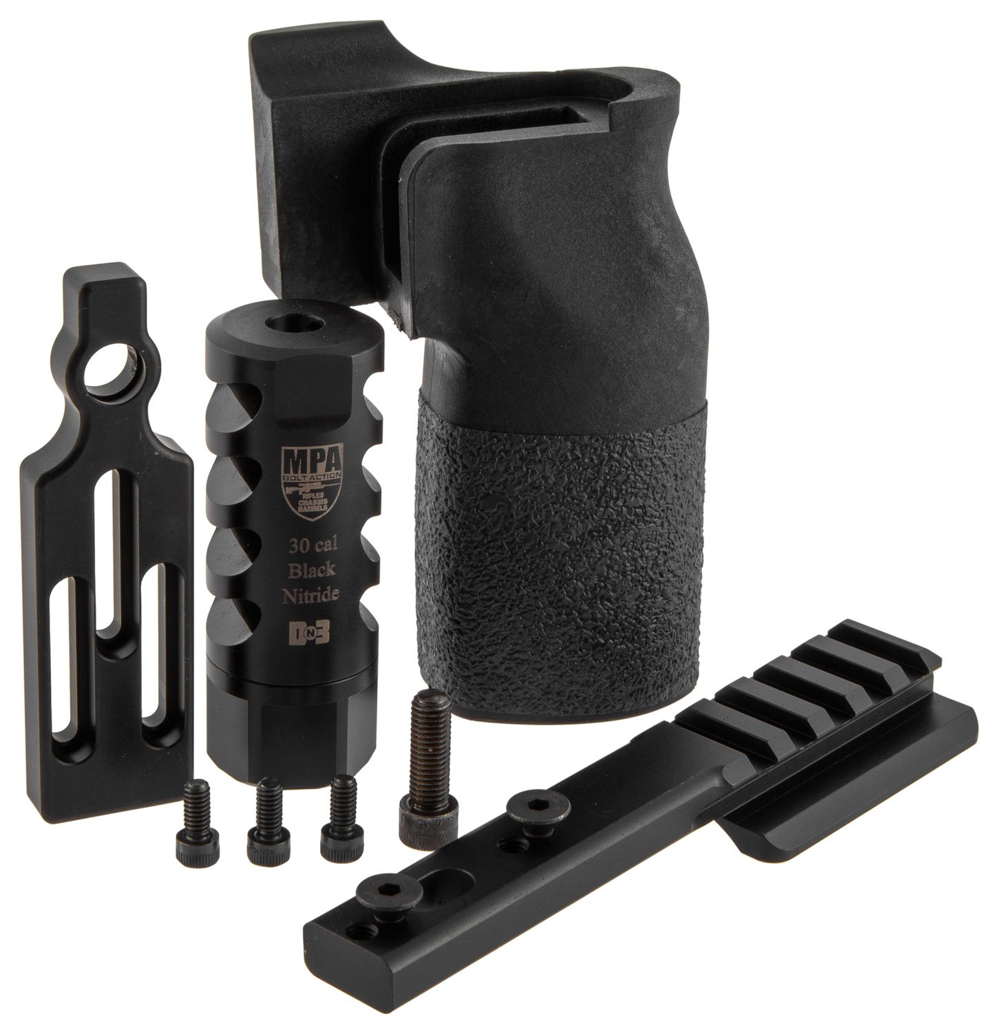 MasterPiece Arms 308PMRACCBUNDLE ACCBundle DN3 Muzzle Brake, Vertical Grip, V4 Spigot Mount & Bag Rider For 308 Win MasterPiece Arms PMR
