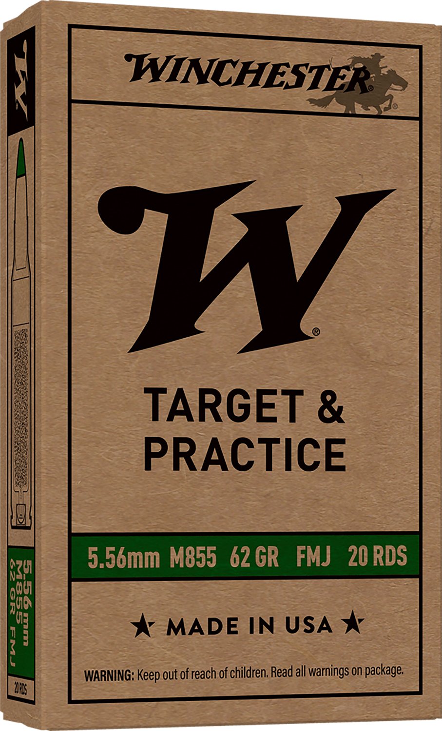 Winchester Ammo WM855K USA M855 Green Tip 5.56x45mmNATO 62gr Full Metal Jacket Lead Core 20 Per Box/50 Case